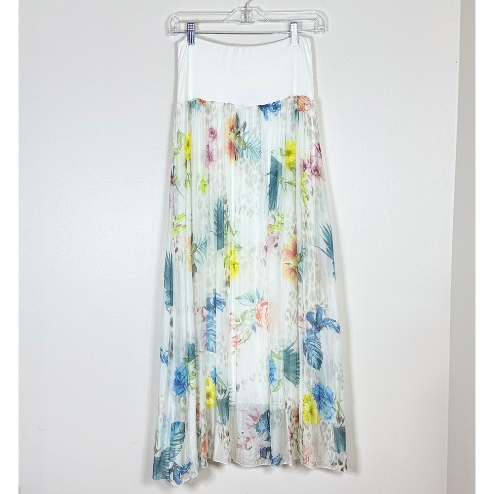Womens Silk Blend Maxi Skirt S White Floral Leopard Made In Italy Watercolor